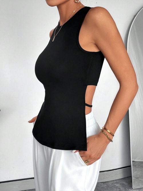 Sexy Slim Fit Black Cut-out Tank Top Sleeveless Side Tie-up Polyester Spandex Backless Summer Vest For Women Casual Party Streetwear