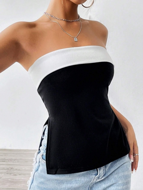 Women's Strapless Tube Top Contrast Color Block Side Split Slim Fit Short Vest Sexy Hot Girl Style Polyester Spandex Summer Top For Party Club Streetwear Daily Clothing