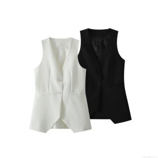 Women's V-Neck Sleeveless Suit Vest Elegant Single Breasted Split Hem Polyester Waistcoat For Office Lady Workwear Casual Solid Top