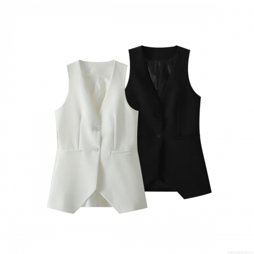 Women's V-Neck Sleeveless Suit Vest Elegant Single Breasted Split Hem Polyester Waistcoat For Office Lady Workwear Casual Solid Top