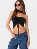Women's Sexy Black Drawstring Bandeau Top With Choker Ribbed Polyester Spandex Cropped Tank Top For Summer Vacation Party Streetwear