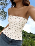 Women Summer Floral Print Tube Top Slim Fit Sexy Strapless Short Crop Top 92.5% Polyester 7.5% Elastane Sweet Vacation Style Sleeveless Tee For Women