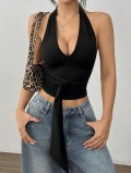 Women's Halter Neck Sexy Backless Crop Top Tied Waist Slim Fit Solid Color Sleeveless V Neck Tank Top Summer Streetwear Spicy Style