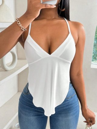 Women Sexy Halter Tank Top Polyester Spandex Backless Cross Straps Deep V Neck Handkerchief Hem Slim Fit Camisole For Summer Party Beach Clubwear Solid White Chic Stretchy Sleeveless Top