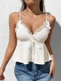Women's Sexy V-Neck Eyelet Embroidery Cami Top Ruffle Front Tie Bow Sleeveless Lace Camisole Summer Vacation Party Fashion Tops
