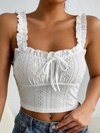 Women's French Style Eyelet Embroidery Cami Top Ruffle Strap Lace-up Crop Tank Top Summer Elegant Slim Fit Sleeveless Blouse