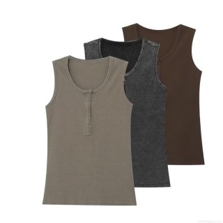 Women Sleeveless Tank Top U Neck Button Decor Ribbed Knit Solid Color Polyester Vest Top Casual Street Style Women Clothing