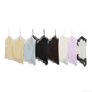 Women's Sexy Lace Trim Cami Top Satin Silk Texture V Neck Irregular Hem Spaghetti Strap Tank Top Solid Color Streetwear Casual Vest