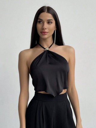 Women's Sexy Halter Neck Backless Satin Tank Top Metal Ring Decoration Tie-up Bow Back Short Camisole Top for Party Summer