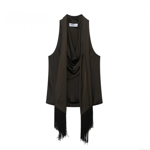 Women's Elegant Satin Cowl Neck Tank Top With Long Tassel Fringe Sleeveless Loose Fit V-Neck Satin Camisole Blouse For Party Streetwear