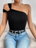 Sexy One Shoulder Women's Tank Top Asymmetrical Ribbed Knit Crop Top Solid Black Sleeveless Slim Fit Vest For Party Clubwear Night Out Streetwear Women Clothing