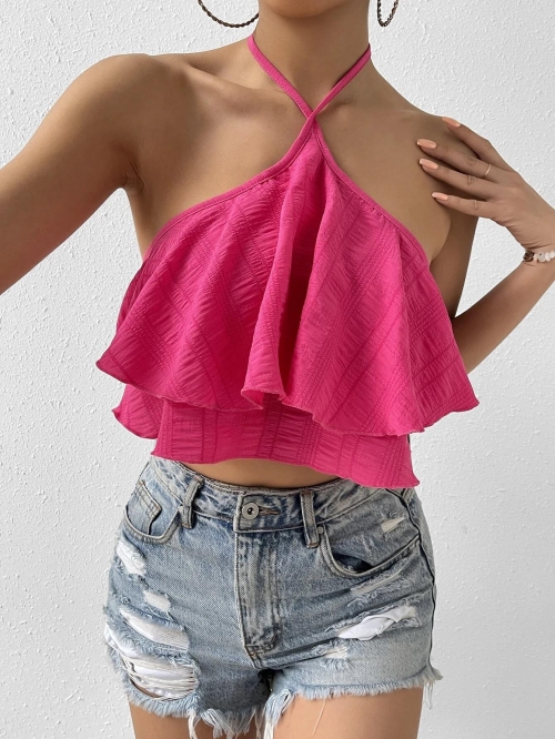 Women Sexy Rose Red Halter Neck Backless Ruffle Tank Top Summer Y2K Tiered Pleated Sleeveless Crop Top For Party Clubwear Vacation Polyester Spandex Blend
