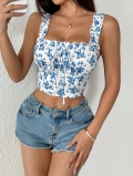 Women Summer Floral Cami Top Ruffle Strap Front Tie Cropped Tank Top Sweet Boho Slim Fit Polyester Spandex Blouses For Women