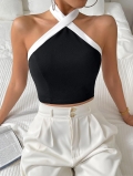 Women's Sexy Black White Color Block Criss Cross Halter Neck Tank Top Backless Slim Fit Cropped Camisole Sleeveless Summer Party Clubwear Fashion Top