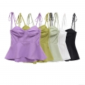 Women's Peplum Camisole Top Polyester Ruched Tie Shoulder Strap Sleeveless Slim Fit Sexy Backless Solid Color Streetwear Summer Casual Tank Top