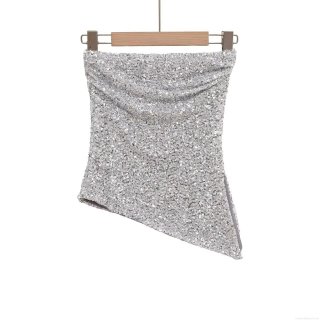 Women Sexy Silver Sequin Tube Top Asymmetric Hem Strapless Polyester Sparkly Vest Top For Club Party Night Out Chic Streetwear