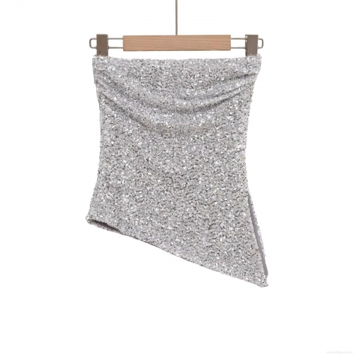 Women Sexy Silver Sequin Tube Top Asymmetric Hem Strapless Polyester Sparkly Vest Top For Club Party Night Out Chic Streetwear