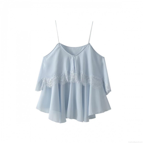 Women's V-Neck Lace Patchwork Cami Top Sleeveless Light Blue Polyester Chiffon Camisole Loose Fit Casual Tank Top For Summer