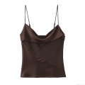 Women's Sexy Cowl Neck Satin Camisole Top Chic Silk Like Spaghetti Strap Tank Top Solid Color Deep Brown Streetwear Backless Summer Vest For Women