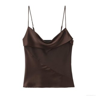Women's Sexy Cowl Neck Satin Camisole Top Chic Silk Like Spaghetti Strap Tank Top Solid Color Deep Brown Streetwear Backless Summer Vest For Women