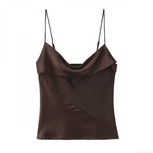 Women's Sexy Cowl Neck Satin Camisole Top Chic Silk Like Spaghetti Strap Tank Top Solid Color Deep Brown Streetwear Backless Summer Vest For Women