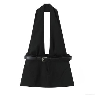 Women's Sexy Halter Neck Backless Crop Top With Faux Leather Metal Buckle Belt Solid Black Slim Fit Sleeveless Cami Tank Top For Streetwear Party Clubwear