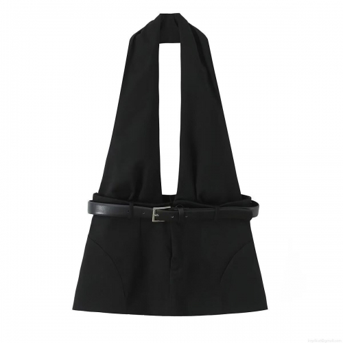 Women's Sexy Halter Neck Backless Crop Top With Faux Leather Metal Buckle Belt Solid Black Slim Fit Sleeveless Cami Tank Top For Streetwear Party Clubwear