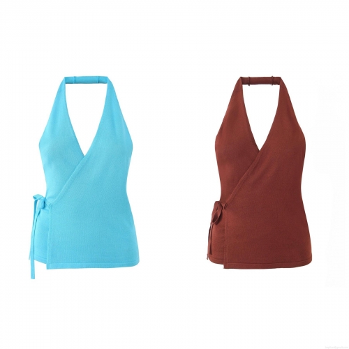 Women's Halter Neck Knitted Tank Top Sexy Backless Tie-Up Wrap Vest Sleeveless Knit Cami Top For Summer Streetwear Party Ladies Tops