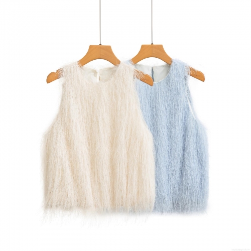 Women's Sleeveless Tassel Faux Fur Tank Top Casual Round Neck Streetwear Party Off-White Sky Blue Vest Top For Women