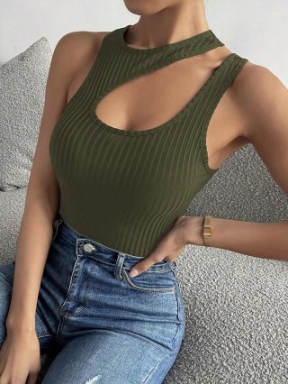 Women's Elegant Asymmetric Cutout Tank Top Ribbed Polyester Slim Fit Sleeveless Crop Top Solid Color Sexy Hollow Out Vest Summer Casual Daily Wear Tops