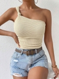 Women Sexy Single Shoulder Knit Tank Top With Asymmetric Tie Knot Strap Waffle Texture Slim Fit Sleeveless Summer Camisole Vest For Women