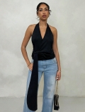 Sexy Halter Neck Backless Top For Women Chic Deep V Neck Sleeveless Polyester Spandex Cross Tie Crop Tank Top For Summer Party Clubwear Fashion Streetwear Slim Fit Solid Color Black
