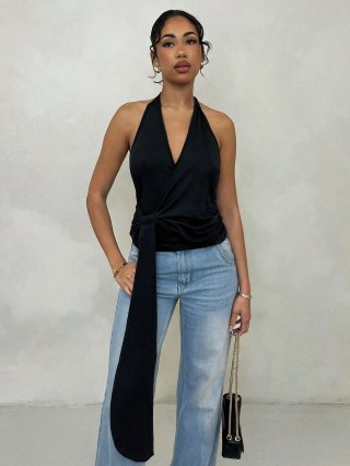 Sexy Halter Neck Backless Top For Women Chic Deep V Neck Sleeveless Polyester Spandex Cross Tie Crop Tank Top For Summer Party Clubwear Fashion Streetwear Slim Fit Solid Color Black