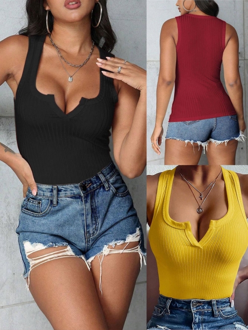 Women's Notched V-Neck Ribbed Knit Tank Top Solid Color Slim Fit Sleeveless Short Camisole Versatile Casual Commute Streetwear Summer Tops