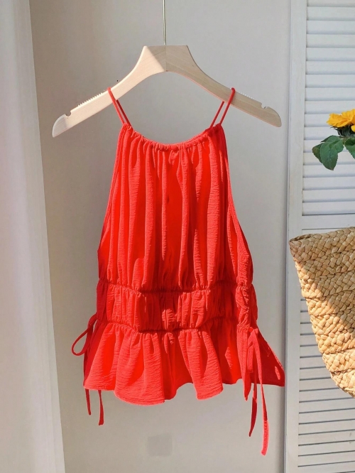 Women Sexy Red Halter Smocked Camisole Backless Ruffle Hem Side Tie Pleated Summer Sleeveless Tank Top Party Vacation Clubwear