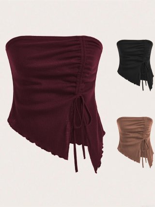 Women Sexy Strapless Bandeau Top Waffle Knit Drawstring Ruched Irregular Hem Slim Fit Crop Tank Top For Summer Party Clubwear Streetwear Tube Top