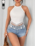 Women's Bohemian Halter Neck Knit Tank Top Fringe Tassel Crochet Crop Top Summer Beach Slim Sleeveless Vest Polyester Spandex Blend