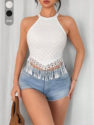 Women's Bohemian Halter Neck Knit Tank Top Fringe Tassel Crochet Crop Top Summer Beach Slim Sleeveless Vest Polyester Spandex Blend