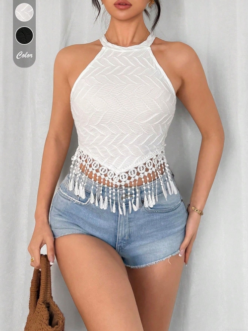 Women's Bohemian Halter Neck Knit Tank Top Fringe Tassel Crochet Crop Top Summer Beach Slim Sleeveless Vest Polyester Spandex Blend