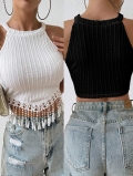 Women's Halter Neck Knit Crochet Tassel Top Elegant Solid Slim Fit Cropped Cami Vest For Summer Beach Party Vacation