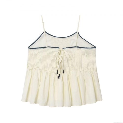 Women's Contrast Trim Smocked Cami Top Spaghetti Strap Back Tie Pleated Loose Casual Sleeveless Summer Autumn Tank Top