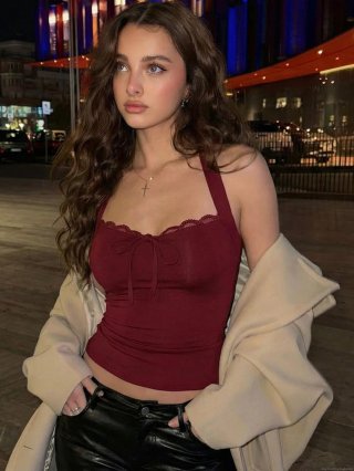 Sexy Polyester Spandex Halter Top With Lace Trim Backless Tie Front Bow Camisole Ribbed Knit Sleeveless Crop Top For Party Clubwear Summer Women