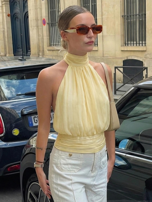 Women's Sexy Halter Backless Pleated Tank Top Summer Casual Bow Tie-up Satin Finish Streetwear Camisole For Party Vacation Ladies