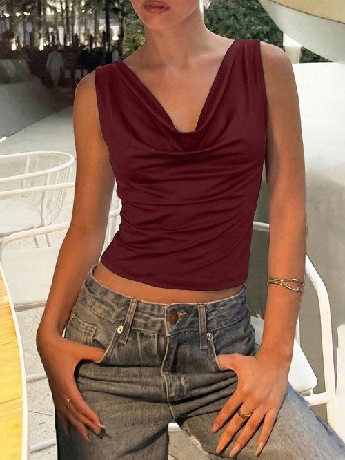 Women's Sexy Cowl Neck Backless Lace-up Tank Top Sleeveless Slim Fit Polyester Spandex Vest Summer Streetwear Cami For Daily Party