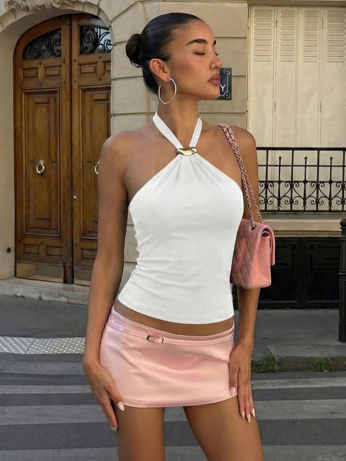 Women's Sexy French Halter Neck Backless Top With Metal Ring Detail Solid Color Lace-up Slim Fit Sleeveless Cami Tank Top