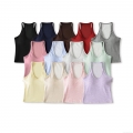Women's Slim Fit Ribbed Viscose Blend Tank Top With Built-in Chest Pads Solid Color Sleeveless Camisole For Daily Sports Yoga Streetwear Casual Basic Top