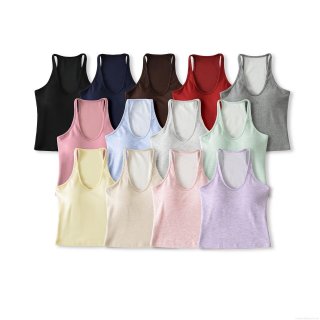 Women's Slim Fit Ribbed Viscose Blend Tank Top With Built-in Chest Pads Solid Color Sleeveless Camisole For Daily Sports Yoga Streetwear Casual Basic Top