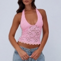 Women Sexy Floral Lace Halter Top Deep V Neck Sleeveless Cropped Camisole Slim Fit Hollow Out Backless Clubwear Vest Nylon Spandex