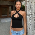 Women Sexy Halter Neck Crop Top With Metal Ring Cutout Backless Solid Color Polyester Spandex Summer Fashion Slim Fit Tank Top For Beach Party Vacation Streetwear