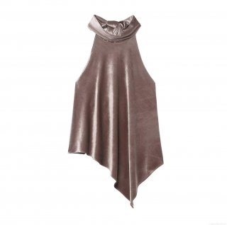 Women Sexy Velvet Halter Tank Top Backless Asymmetrical Hem Sleeveless Camisole Mauve Slim Fit Elegant Street Style Party Clubwear Top For Ladies